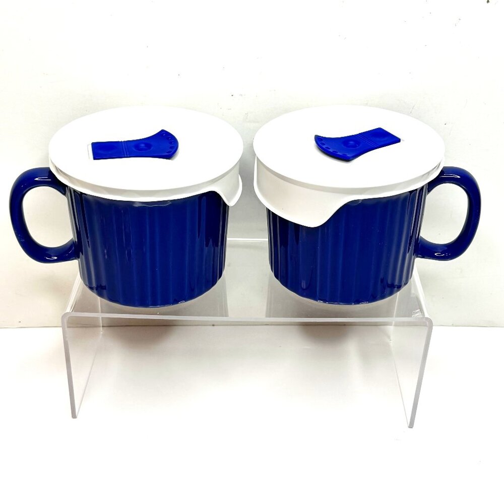 Corningware (2) Pop-ins 20 oz Soup Mug Blue Vented Plastic Cover